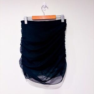 FOREVER‎ 21 Black Mesh Ruched Mini Skirt Sheer Overlay Bodycon | Large